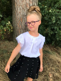Biała bluzka wizytowa, krótki rękaw, zdobienia