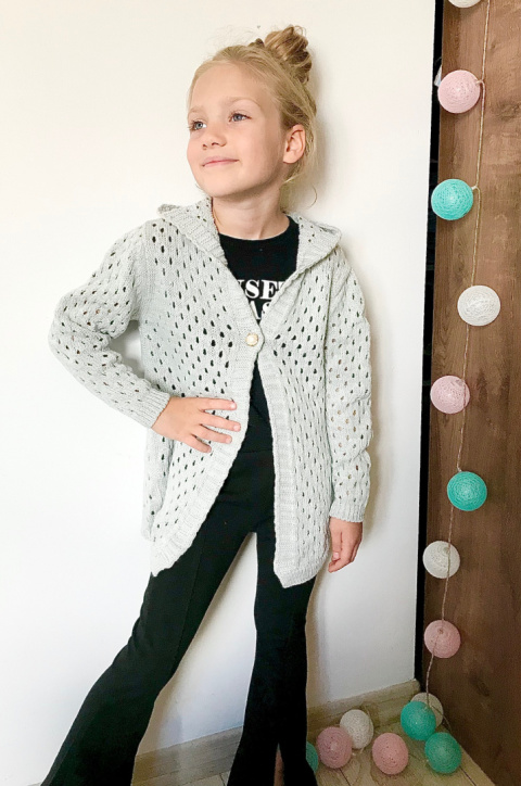 Sweter dziewczęcy narzutka ażurowa ~ popiel Sweter dziewczęcy narzutka ażurowa ~ popiel