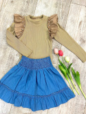 Bluza z torebką/ dzianina prążkowana beż