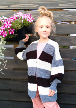 Sweter dziewczęcy kardigan w pasy popiel