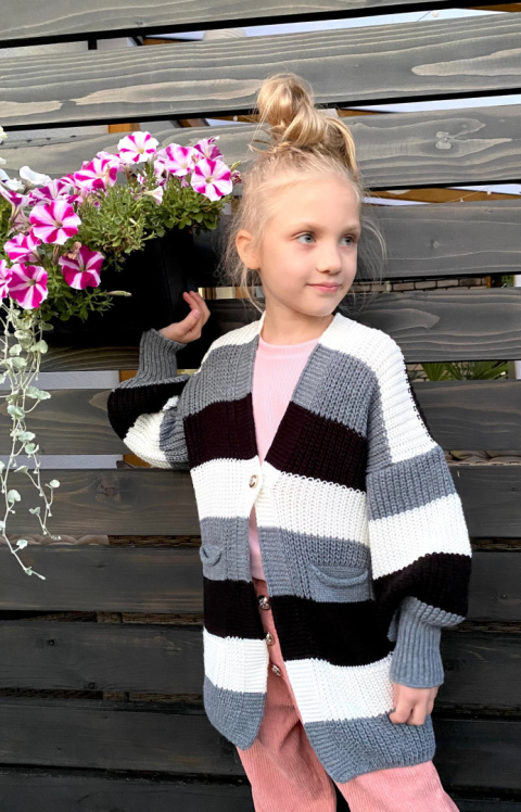 Sweter dziewczęcy kardigan w pasy popiel Sweter dziewczęcy kardigan w pasy popiel