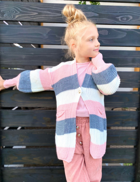 Sweter dziewczęcy kardigan w pasy róż Sweter dziewczęcy kardigan w pasy róż