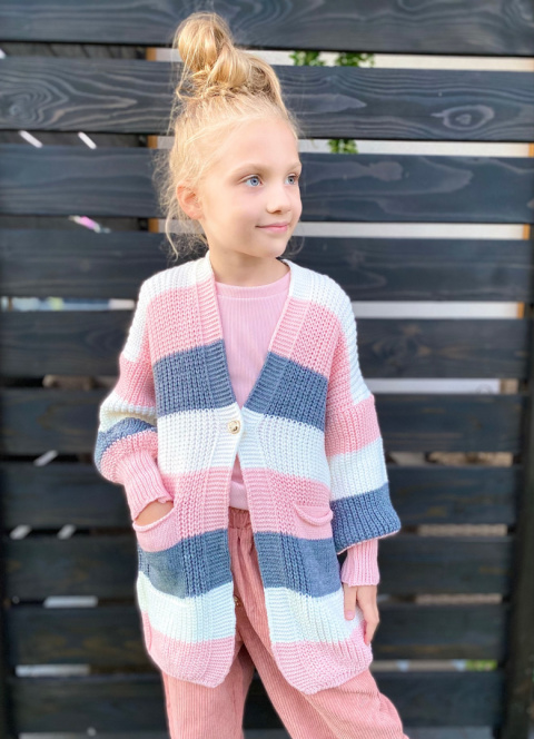 Sweter dziewczęcy kardigan w pasy róż Sweter dziewczęcy kardigan w pasy róż