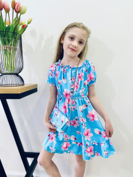 Elegancka sukienka KOMUNIA z torebką kwiaty błękit