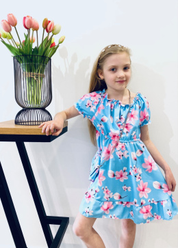 Elegancka sukienka KOMUNIA z torebką kwiaty błękit
