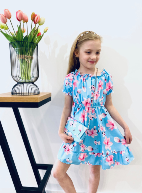 Elegancka sukienka KOMUNIA z torebką kwiaty błękit Elegancka sukienka KOMUNIA z torebką kwiaty błękit
