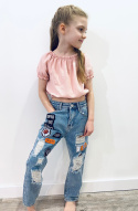 Spodnie dziewczęce jeans OVERSIZE naszywki