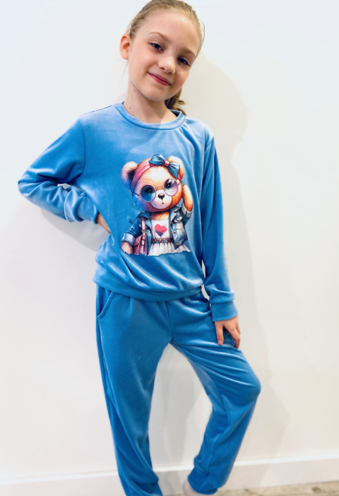 Dres welurowy dziewczęcy MIŚ -niebieski Dres welurowy dziewczęcy MIŚ -niebieski