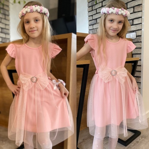 Elegancka sukienka KOMUNIA tiul, pasek z kokardą Elegancka sukienka KOMUNIA tiul, pasek z kokardą