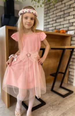 Elegancka sukienka KOMUNIA tiul, pasek z kokardą