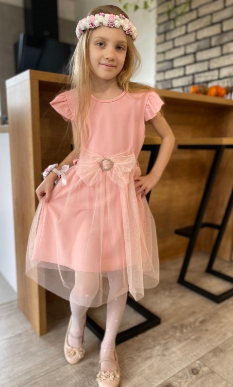 Elegancka sukienka KOMUNIA tiul, pasek z kokardą Elegancka sukienka KOMUNIA tiul, pasek z kokardą