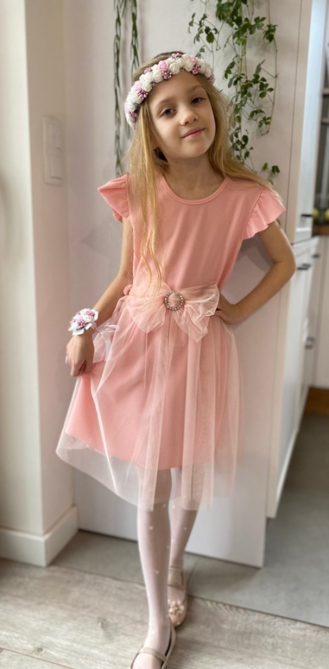 Elegancka sukienka KOMUNIA tiul, pasek z kokardą Elegancka sukienka KOMUNIA tiul, pasek z kokardą