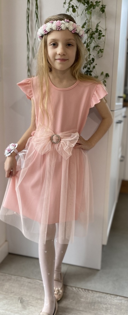 Elegancka sukienka KOMUNIA tiul, pasek z kokardą Elegancka sukienka KOMUNIA tiul, pasek z kokardą