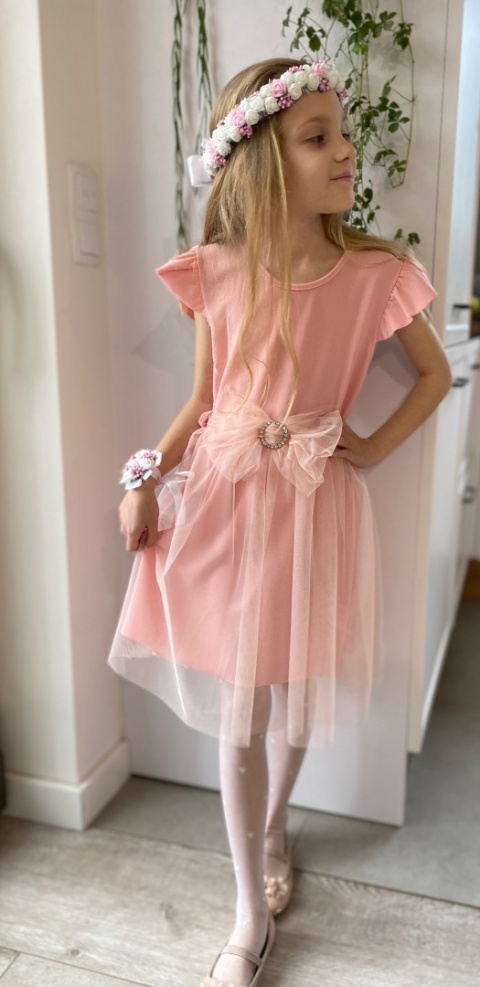 Elegancka sukienka KOMUNIA tiul, pasek z kokardą Elegancka sukienka KOMUNIA tiul, pasek z kokardą