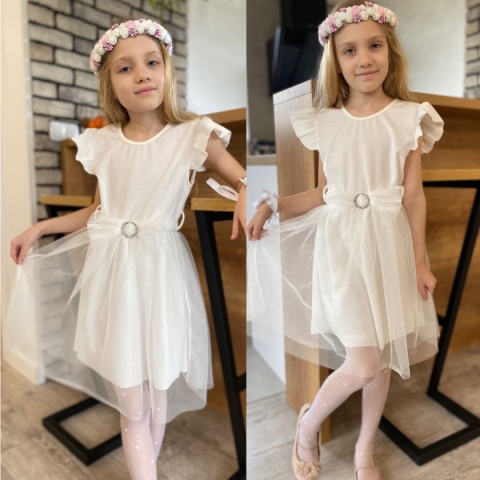 Elegancka sukienka KOMUNIA tiul, pasek z kokardą Elegancka sukienka KOMUNIA tiul, pasek z kokardą