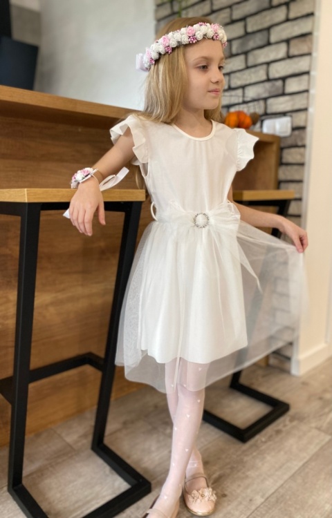 Elegancka sukienka KOMUNIA tiul, pasek z kokardą Elegancka sukienka KOMUNIA tiul, pasek z kokardą