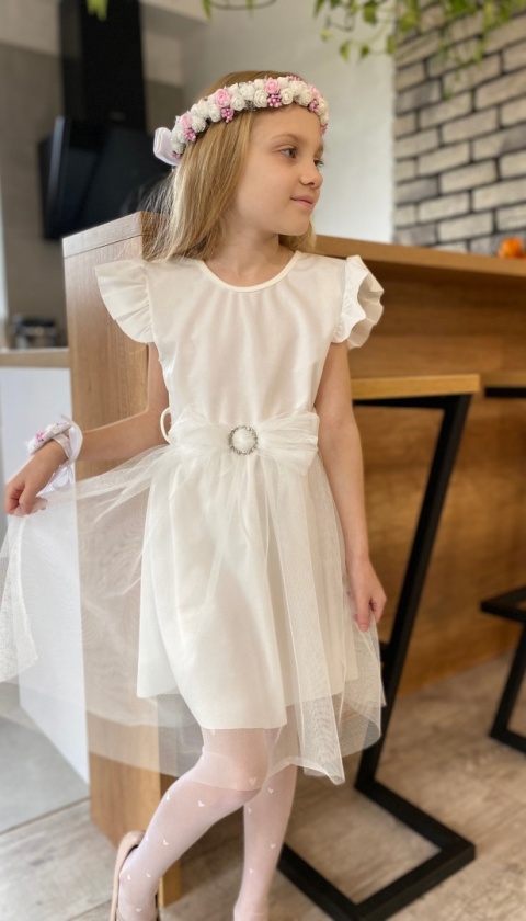 Elegancka sukienka KOMUNIA tiul, pasek z kokardą Elegancka sukienka KOMUNIA tiul, pasek z kokardą