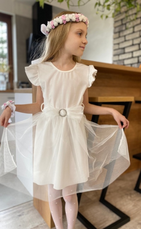 Elegancka sukienka KOMUNIA tiul, pasek z kokardą Elegancka sukienka KOMUNIA tiul, pasek z kokardą