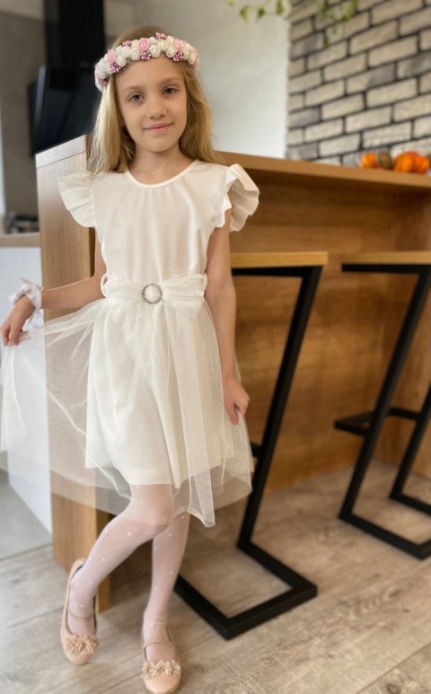 Elegancka sukienka KOMUNIA tiul, pasek z kokardą Elegancka sukienka KOMUNIA tiul, pasek z kokardą