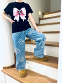 Spodnie jeans szerokie KWIATY