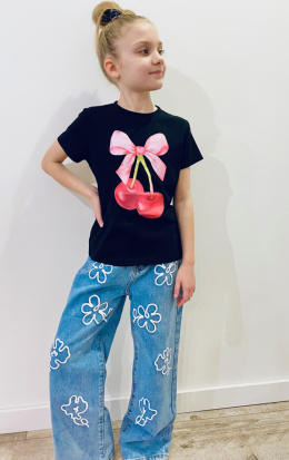 Spodnie jeans szerokie KWIATY