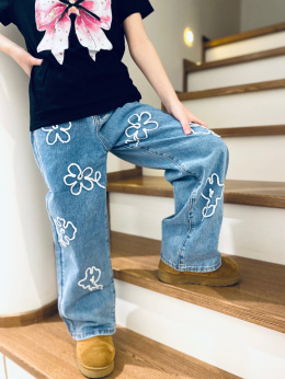 Spodnie jeans szerokie KWIATY