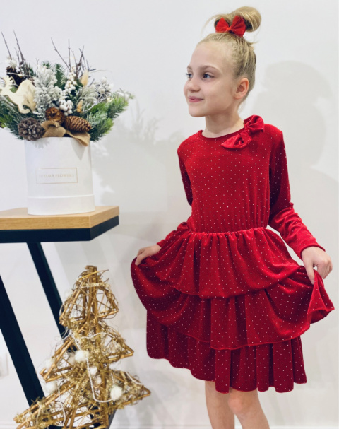 Sukienka welurowa ŚWIĄTECZNA z falbanami i cyrkoniami Sukienka welurowa ŚWIĄTECZNA z falbanami i cyrkoniami