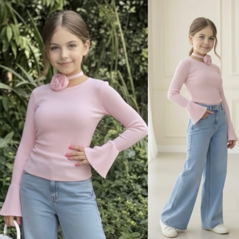 Bluzka dzianinowa dziewczęca prążek RÓŻA/kolor różowy