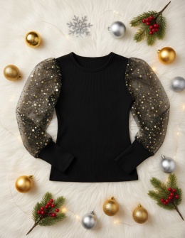 Bluzka świąteczna elegancka DZIEWCZĘCA tiulowe rękawy dzianina prążek