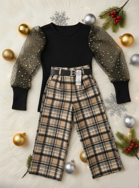 Bluzka świąteczna elegancka DZIEWCZĘCA tiulowe rękawy dzianina prążek