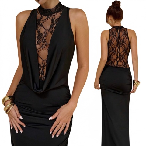 Długa DAMSKA suknia wieczorowa CZARNA koronka ŚWIĄTECZNA