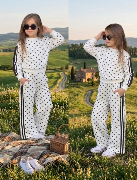 Dres dziewczęcy POLKA DOT kropki ecru/czerń