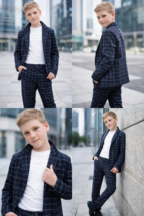 Garnitur chłopięcy w kratę ~ ciemny granat