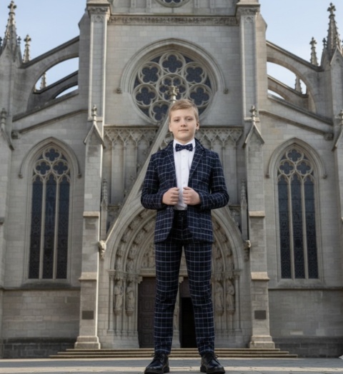 Garnitur chłopięcy w kratę ~ ciemny granat