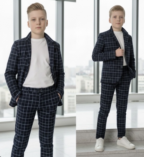 Garnitur chłopięcy w kratę ~ ciemny granat
