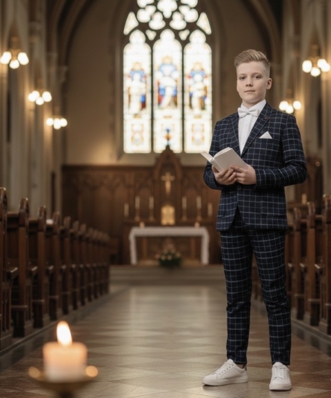 Garnitur chłopięcy w kratę ~ ciemny granat