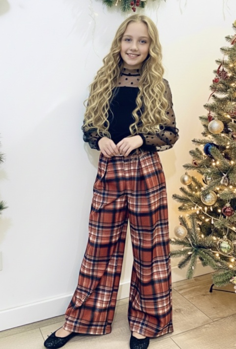 Spodnie wizytowe SZEROKIE dla dziewczynki KRATA z paskiem DZIEWCZĘCE eleganckie Spodnie wizytowe SZEROKIE dla dziewczynki KRATA z paskiem DZIEWCZĘCE eleganckie