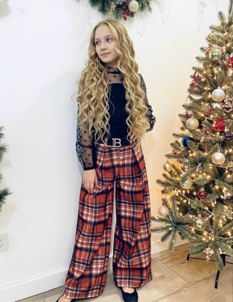 Spodnie wizytowe SZEROKIE dla dziewczynki KRATA z paskiem DZIEWCZĘCE eleganckie Spodnie wizytowe SZEROKIE dla dziewczynki KRATA z paskiem DZIEWCZĘCE eleganckie