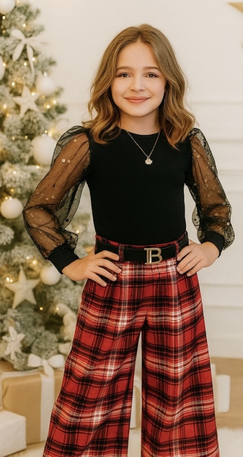 Spodnie wizytowe SZEROKIE dla dziewczynki KRATA z paskiem DZIEWCZĘCE eleganckie Spodnie wizytowe SZEROKIE dla dziewczynki KRATA z paskiem DZIEWCZĘCE eleganckie