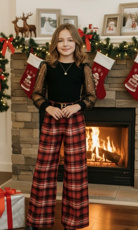 Spodnie wizytowe SZEROKIE dla dziewczynki KRATA z paskiem DZIEWCZĘCE eleganckie Spodnie wizytowe SZEROKIE dla dziewczynki KRATA z paskiem DZIEWCZĘCE eleganckie