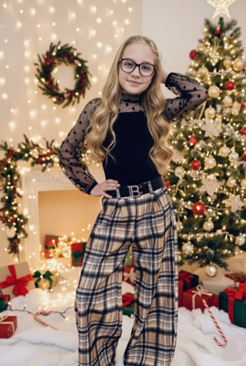 Spodnie wizytowe SZEROKIE dla dziewczynki KRATA z paskiem DZIĘWCZĘCE eleganckie Spodnie wizytowe SZEROKIE dla dziewczynki KRATA z paskiem DZIĘWCZĘCE eleganckie