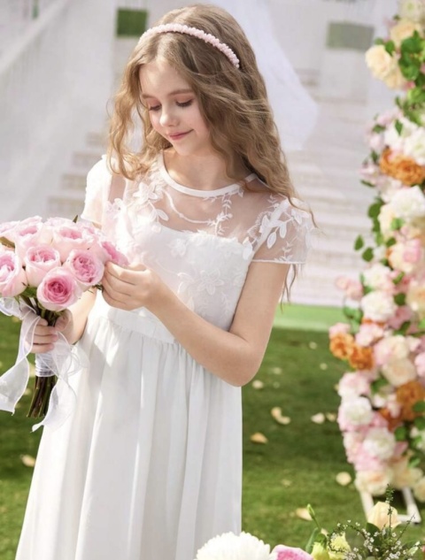 Sukienka dziewczęca biała KOMUNIA WESELE koronka gipiura