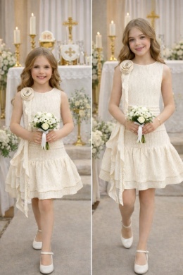 Sukienka dziewczęca wizytowa z kwiatem BEŻ