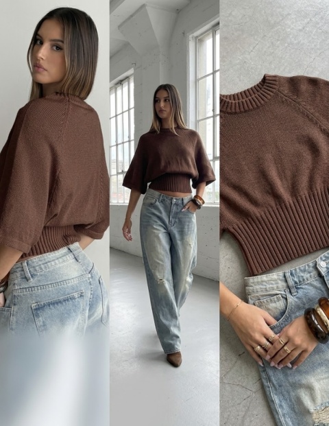 Sweter damski nietoperz uniwersalny/czekoladowy brąz