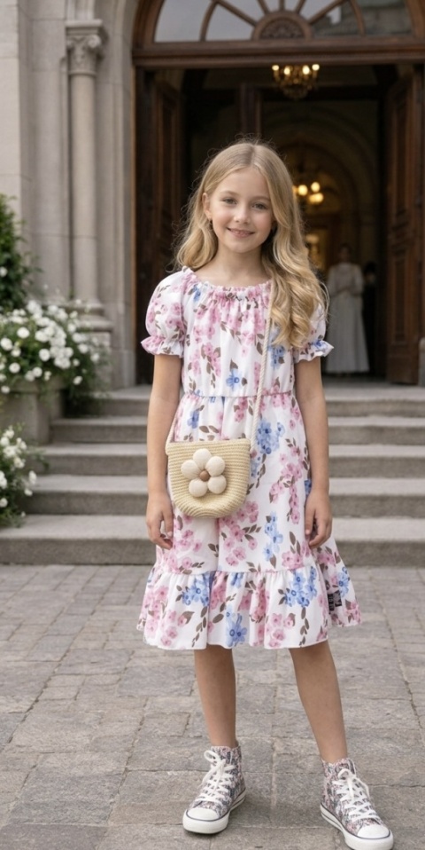 Zestaw sukienka hiszpanka w kwiaty i torebka boho